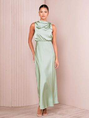 Flounce London Satin Maxi Belted Cowl Neck Sage Green Dress US 6 Formal Gown